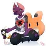 2026 5_fingers absurd_res anthro bat beverage blazethefox choker clothed clothing container cup cute_fangs drinking_glass facial_tuft fangs female fingers fur glass glass_container glass_cup green_eyes grocery_bag hair hair_over_eye heart_choker hi_res holding_beverage holding_container holding_cup holding_object jar jewelry kneeling lacy_(blazethefox) legwear looking_at_viewer mammal necklace panties plushie pupils purple_body purple_fur shirt signature simple_background slit_pupils solo stockings t-shirt tablet tablet_pen teeth thick_thighs topwear torn_clothing torn_legwear torn_stockings tuft tumbler underwear white_background wings