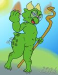 absurd_res anthro blue_eyes claws eyewear featureless_chest female filia_viridiana_flaminis filiaflaminis fire genitals glasses green_body hi_res kobold musical_symbol nude nude_anthro nude_female scalie signature solo symbol tail toe_claws tongue vulva year
