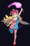  1girl :d absurdres american_flag_dress american_flag_legwear arm_up asutoro_(s--t) black_background blonde_hair clownpiece commentary fairy_wings full_body grin hat highres holding holding_torch jester_cap long_hair looking_at_viewer purple_eyes purple_hat short_sleeves signature smile solo standing standing_on_one_leg torch touhou very_long_hair wings 