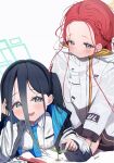  1girl 2girls aqua_halo aris_(blue_archive) black_hair black_hairband blue_archive blue_eyes blue_necktie blush caff_(aosui9) commentary_request forehead grey_eyes hair_between_eyes hairband halo highres jacket long_hair long_hair_between_eyes long_sleeves millennium_science_school_logo multicolored_jacket multiple_girls necktie one_side_up open_mouth orange_halo rectangular_halo red_hair shirt shovel simple_background smile sprout two-tone_jacket white_background white_jacket white_shirt yuzu_(blue_archive) 