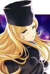  1girl aizawa_hiroshi black_capelet black_hat blonde_hair capelet commentary_request fur-trimmed_capelet fur_hat fur_trim ginga_tetsudou_999 hat ikeda_masako looking_at_viewer looking_back maetel parted_lips pom_pom_(clothes) signature solo space star_(sky) turning_head upper_body yellow_eyes 