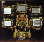  1boy bandaged_arm bandages barefoot beatmania_iidx bemani character_request crease decapitation goli_matsumoto hat highres looking_at_viewer male_focus official_art pants robot scan scan_artifacts science_fiction screen shirt solo third-party_source yellow_shirt 