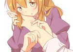  2girls blonde_hair blush breasts buttons collared_dress commentary_request contrast_collar dress hand_in_another's_hair long_hair long_sleeves maribel_hearn multiple_girls open_mouth pov purple_dress shirt sleeve_cuffs sleeve_garter solo_focus touhou unagi_sango usami_renko white_shirt yellow_eyes yuri 