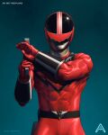  1boy artist_name azizdraws belt black_belt bodysuit bracer commentary covered_abs english_commentary facing_viewer glint gun handgun helmet highres holding holding_gun holding_weapon holster male_focus mirai_sentai_timeranger muscular muscular_male power_rangers power_rangers_time_force quantum_ranger red_bodysuit skin_tight solo straight-on super_sentai time_fire upper_body weapon 