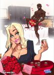  1boy 1girl abs artist_logo artist_name bald bed bedroom black_hair blonde_hair blue_eyes box breasts cherrymousestreet chocolate cleavage dark-skinned_male dark_skin flower food grin heart-shaped_box highres holding holding_chocolate holding_food kennycomix large_breasts logo long_hair meet_the_neighbors pam_patterson pink_lips red_flower red_rose rose smile very_dark_skin 
