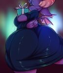 2025 anthro bat big_butt blush breasts butt clothed clothing dress ear_piercing female fur gift green_eyes hi_res holding_gift holding_object huge_butt kairaanix lacy_(blazethefox) mammal membrane_(anatomy) membranous_wings piercing purple_body purple_fur scut_tail short_tail signature simple_background small_wings solo tail wings