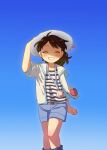  1girl black_shirt blue_shorts brown_hair closed_eyes commentary_request day ehqg5mqvfk83148 grin hat highres jacket jewelry kodama_fumika necklace open_clothes open_jacket outdoors shirt short_shorts shorts smile solo striped_clothes striped_shirt two-tone_shirt white_hat white_jacket white_shirt youkai_watch 