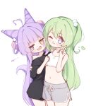  2girls absurdres ahoge averting_eyes black_shirt blue_eyes bright_pupils camisole closed_mouth commentary_request cone_hair_bun cowboy_shot crop_top dolphin_shorts dot_nose double_bun electromocha green_hair grey_shorts hair_bun hair_ornament hair_rings hand_on_another's_chest hand_up heart heterochromia highres index_finger_raised korean_commentary long_hair long_shirt looking_at_viewer multiple_girls navel off-shoulder_shirt off_shoulder one_eye_closed one_side_up open_mouth orange_eyes pom_pom_(clothes) pom_pom_hair_ornament purple_eyes purple_hair shirt short_shorts short_sleeves shorts simple_background single_bare_shoulder single_off_shoulder smile spaghetti_strap standing stellive stomach straight_hair tenko_shibuki tied_shorts very_long_hair virtual_youtuber white_background white_camisole white_pupils yuzuha_riko 