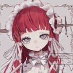  1girl artist_name blunt_bangs bow choker collarbone colored_eyebrows commentary_request expressionless frilled_choker frills hair_bow headdress highres lolita_fashion long_hair looking_at_viewer multiple_hair_bows object_through_head pale_skin persona persona_3 portrait red_hair satea solo sword_in_head white_background white_eyes yoshino_chidori 