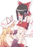  2girls ascot bad_id bad_pixiv_id blush blush_stickers bow breasts brown_hair choker cleavage clothes_pull collarbone covered_nipples detached_sleeves dress dress_slip grabbing_another's_breast groping hair_bow hair_ribbon hair_tubes hakurei_reimu half-closed_eyes hat hat_bow heart highres long_hair looking_at_another medium_breasts mob_cap multiple_girls navel non_(z-art) nontraditional_miko panties purple_dress red_ribbon red_vest ribbon shirt_pull short_hair sidelocks skirt skirt_pull smile spoken_heart sweat touhou underboob underwear vest white_background white_panties wide_sleeves wristband yakumo_yukari yellow_ascot yuri 