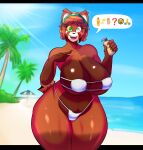 anthro beach big_breasts bikini black_nose blurred_background bottle breasts brown_body brown_fur brown_hair clothing container curvy_figure day emoji eye_patch_bikini eyelashes female female_anthro fur glistening glistening_body glistening_fur green_eyes grey_eyes hair heterochromia hi_res holding_bottle holding_container holding_object huge_breasts lotion_bottle mammal open_mouth outside palm_tree pictographics plant procyonid raccoon randomgloves sea short_hair sihny_breasts sky smile solo standing swimwear thick_thighs tree two-piece_swimsuit umbrella voluptuous voluptuous_anthro voluptuous_female water white_bikini white_clothing white_swimwear wide_hips