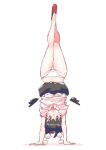  1girl bad_id bad_pixiv_id bird_girl black_hair black_skirt black_wings blush blush_stickers bra brown_eyes clothes_pull detached_wings feathered_wings full_body geta handstand hat highres leg_up legs looking_at_viewer midriff_peek non_(z-art) open_mouth panties panty_pull pom_pom_(clothes) shameimaru_aya shirt_pull short_hair skirt skirt_flip solo tengu-geta touhou underwear upside-down white_background white_bra white_panties wings 