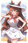  1girl absurdres animal_ears bare_shoulders beach belt blush bow breasts brown_hair commentary_request dress ears_through_headwear floral_print floral_print_dress green_eyes hair_between_eyes hat hi_ch_mng highres horse_ears horse_girl horse_tail jacket_around_neck large_breasts long_hair maruzensky_(casual)_(umamusume) maruzensky_(umamusume) ocean open_mouth outdoors print_dress sky sleeveless sleeveless_dress smile sun_hat tail teeth umamusume upper_teeth_only v very_long_hair water white_belt white_dress 