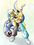  1girl aqua_eyes aqua_hair aqua_pants bandeau black_hair black_pants blonde_hair breasts canari_(pokemon) cleavage commentary cropped_jacket dark-skinned_female dark_skin eelektross english_commentary full_body greatmothsucks highres jacket large_breasts long_sleeves looking_at_viewer mask mouth_mask multicolored_hair navel open_clothes open_jacket pants pokemon pokemon_(creature) pokemon_legends:_z-a shoes simple_background solo split-color_clothes split-color_hair standing sugimori_ken_(style) two-tone_pants tynamo white_shoes yellow_bandeau yellow_jacket 