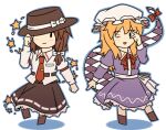  :d adjusting_clothes adjusting_headwear black_hat black_skirt blonde_hair blush boots bow bowtie breast_pocket brown_boots brown_hair checkered_print clenched_hand collared_shirt commentary_request deformed dress frilled_dress frills gap_(touhou) hair_bow hat hat_bow long_hair long_skirt long_sleeves maribel_hearn mob_cap necktie one_eye_closed open_mouth pocket purple_dress red_bow red_bowtie red_necktie ribbon-trimmed_skirt ribbon_trim sash shirt skirt sleeve_cuffs sleeve_garter smile standing standing_on_one_leg star_(symbol) tie_clip touhou unagi_sango usami_renko w waist_bow white_background white_bow white_hat white_sash white_shirt 