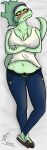 annoyed anthro baryonyx belly big_breasts bird's-eye_view blush bottomwear breasts cavemanon_studios clothing colored cross crossed_arms denim denim_bottomwear denim_clothing dinosaur embarrassed female filiobtd fingers footwear freckled_belly freckled_breasts freckled_face freckles front_view frown full-length_portrait green_body green_hair grey_eyes hair hi_res high-angle_view humanoid_hands i_wani_hug_that_gator jeans jewelry looking_aside medium_hair navel necklace non-mammal_breasts non-mammal_navel olivia_halford pants portrait pose prehistoric_species purple_hairband reptile saurischian scalie shaded shirt shoes slightly_chubby slightly_chubby_anthro slightly_chubby_female slippers solo spinosaurid spurdo tail tank_top theropod topwear white_clothing white_shirt white_tank_top white_topwear yellow_sclera