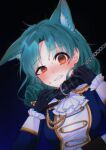  1girl aiguillette animal_ears ascot black_collar black_gloves blue_jacket blush cat_ears chain chain_leash chromatic_aberration clenched_teeth collar commentary_request epaulettes etoile_brilliant_(idolmaster) gloves green_hair half-closed_eye highres idolmaster idolmaster_million_live! idolmaster_million_live!_theater_days jacket kemonomimi_mode kiraku_(s2_ou0uo_s2) leash long_sleeves medium_hair official_alternate_costume orange_eyes solo sweatdrop teeth tokugawa_matsuri upper_body white_ascot 