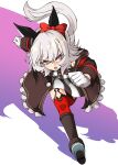  1girl animal_ears bare_shoulders black_boots black_hairband boots bow breasts coat commentary_request curren_chan_(fille_eclair)_(umamusume) curren_chan_(umamusume) dress ear_bow ear_covers gloves grey_hair hairband highres horse_ears horse_girl horse_tail long_sleeves off-shoulder_coat off-shoulder_dress off-shoulder_jacket off_shoulder open_mouth purple_eyes red_bow red_thighhighs running short_hair solo striped_clothes striped_dress tail thighhighs umamusume vertical-striped_clothes vertical-striped_dress white_gloves zukki_(bijitaru) 