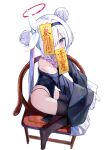  1girl black_dress black_hairband black_panties black_thighhighs blue_archive blush braid chair commentary_request double_bun dress grey_eyes grey_hair hair_bun hair_over_one_eye hairband highres jiangshi long_hair long_sleeves looking_at_viewer luo_shu mouth_hold ofuda ofuda_on_head on_chair one_eye_covered panties pelvic_curtain petite plana_(blue_archive) red_pupils side_braid simple_background single_bare_shoulder sitting sleeves_past_fingers sleeves_past_wrists solo string_panties thighhighs twintails twitter_username underwear very_long_hair white_background 