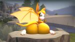 3_toes 3d_(artwork) anthro anus bat big_butt black_sclera butt cattyfeesh cookie digital_media_(artwork) dust:_an_elysian_tail feet female fidget_(elysian_tail) food fur genitals green_eyes hi_res kneeling looking_at_viewer looking_back mammal membrane_(anatomy) membranous_wings multicolored_body nimbat nude orange_body orange_fur rear_view solo source_filmmaker_(artwork) tail toes two_tone_body wings