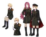  2girls absurdres armored_core armored_core_v black_boots black_cape blush boots brown_pants cape character_request closed_mouth coat collared_shirt commentary_request epaulettes fringe_trim gloves green_coat green_hat hat highres knee_boots long_hair long_sleeves military_hat military_uniform mochigumo multiple_girls pants ponytail red_cape red_eyes red_hair rosary_(armored_core_v) shirt sitting smile two-sided_cape two-sided_fabric very_long_hair white_gloves white_shirt 