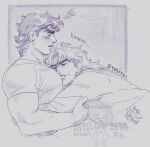  2boys bara birthmark blush closed_eyes closed_mouth cuddling dio_brando ear_birthmark furrowed_brow greyscale hug inseki jojo_no_kimyou_na_bouken jonathan_joestar male_focus monochrome multiple_boys muscular muscular_male phantom_blood shirt sketch t-shirt tmblyeet vampire yaoi 