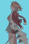  1girl bad_id bad_twitter_id blonde_hair blue_background cowboy_shot daiba_nana from_side fur-trimmed_jacket fur_trim green_ribbon hair_over_eyes hair_ribbon highres holding holding_sword holding_weapon jacket jacket_on_shoulders katana long_sleeves pleated_skirt profile red_jacket red_sash ribbon roneco sash short_hair short_twintails shoujo_kageki_revue_starlight simple_background skirt solo standing sword twintails weapon 