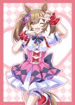  1girl absurdres animal_ears black_bow blush bow breasts brown_eyes brown_hair center_frills commentary_request frilled_thigh_strap frills hair_between_eyes hair_bow highres horse_ears horse_girl horse_tail looking_at_viewer multiple_hair_bows one_eye_closed open_mouth pink_bow pink_skirt puffy_short_sleeves puffy_sleeves purple_bow red_socks shirt short_sleeves skirt smart_falcon_(love_4ever)_(umamusume) smart_falcon_(umamusume) smile socks solo suspender_skirt suspenders tail teeth thigh_strap twintails umamusume upper_teeth_only white_shirt wrist_cuffs xiaofeng 