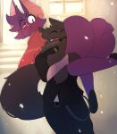 2025 absurd_res anthro arm_wraps bat belt big_butt big_tail black_body black_fur blaze_(blazethefox) blazethefox blush bodily_fluids bottomless bottomwear butt butt_squish canid canine carrying_another carrying_partner chest_tuft christmas clothed clothing collared_shirt cute_fangs dress_shirt duo eyebrow_slit eyebrows fangs female footwear fox fur hand_on_butt hi_res high_heels holidays holly_(plant) huge_butt lacy_(blazethefox) male male/female mammal notched_ear on_shoulder one_eye_closed outside panties_in_mouth pants partially_clothed plant purple_body purple_fur scar shirt shoes shoulder_carry snow snowing squish standing sweat sweatdrop sweater tail teeth topwear tuft wallet_chain wink wraps