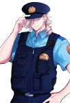  1boy belt black_belt blonde_hair closed_mouth douma_(kimetsu_no_yaiba) hamiko_(hakogardenmiko) hat highres kimetsu_no_yaiba long_hair multicolored_eyes police police_badge police_hat police_uniform policeman rainbow_eyes simple_background white_background 
