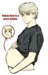  1boy 3: aegyo_sal animal animification arrow_(symbol) artist_request bare_arms big_belly black_shirt blonde_hair bowl cat character_name closed_mouth clothes_lift commentary commission cropped_torso dylann_roof english_commentary english_text expressionless from_side grey_eyes hair_behind_ear halo hands_on_own_stomach happy_mother's_day heart highres holding holding_belly holding_bowl light_frown lips looking_at_viewer male_focus male_pregnancy meme navel nostrils photo_inset pregnant real_life red_arrow_and_circle_(meme) second-party_source shirt shirt_lift short_hair short_sleeves simple_background solo stomach swept_bangs t-shirt true_crime very_short_hair white_background yellow_halo 