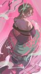  1girl aqua_shawl brown_hair butterfly_hair_ornament chinese_clothes closed_eyes face_chain feet_out_of_frame from_behind hair_ornament hand_up hanfu highres holding holding_string long_hair official_alternate_costume pink_background profile purple_hanfu reverse:1999 shawl smoke solo sparkle string tooth_fairy_(reverse:1999) yundrawingz 