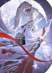  1girl absurdres breasts closed_mouth commentary drawing_sword hair_ribbon hakama hakama_skirt highres hiyuki_(wuthering_waves) holding holding_sword holding_weapon japanese_clothes jeze katana kimono large_breasts long_hair long_sleeves off_shoulder ponytail red_eyes red_hakama red_ribbon ribbon skirt solo sword untranslatable_commentary weapon white_hair white_kimono wuthering_waves 