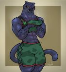 abs absurd_res anthro basketball_shorts basketball_uniform black_body black_fur bodily_fluids clothing felid female flat_chested fur goat_(movie) gremlinchalk hi_res jett_fillmore looking_at_viewer mammal multicolored_body muscular muscular_anthro muscular_arms muscular_female musk pantherine signature solo sony_corporation sony_pictures sportswear sweat tail thick_thighs under_armour uniform whiskers