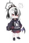  1girl absurdres backpack bag black_hair blue_archive blue_hoodie closed_mouth commentary_request grey_hair grey_shoes grey_wings hair_between_eyes hands_in_pocket highres hood hood_down hoodie horns kayoko_(blue_archive) korean_commentary low_wings mopi_(oooo5412) multicolored_hair plaid_clothes plaid_skirt pleated_skirt ponytail red_eyes red_skirt shoes simple_background single_wing skirt solo standing two-tone_hair v-shaped_eyebrows white_background wings 