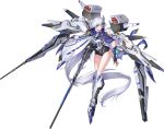  1girl absurdly_long_hair absurdres armor armored_boots black_gloves black_leotard blue_eyes boots cape cloak fingerless_gloves full_body gloves gun hair_ornament highres hk419 holding holding_gun holding_weapon hood leotard long_hair looking_at_viewer mecha_musume monocle original rifle rigging science_fiction solo tachi-e thighhighs thighs transparent_background very_long_hair weapon white_hair 