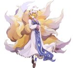  1girl animal_hat artist_request blonde_hair blue_tabard breasts brown_shoes dress fox_tail frilled_sleeves frills full_body game_asset hat kitsune kyuubi loafers long_sleeves looking_at_viewer medium_breasts mob_cap multiple_tails non-web_source official_art self-datamine shoes short_hair simple_background socks solo tabard tail touhou touhou_arcadia_record transparent_background white_dress white_socks wide_sleeves yakumo_ran yellow_eyes 
