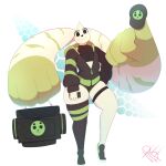 2026 5_fingers anthro bandai_namco blazethefox bottomwear cellphone clothing digimon digimon_(species) ear_hands electronics female fingers flat_chested footwear fur green_body green_fur halter_top hand_on_hip hat headgear headwear hi_res holding_cellphone holding_object holding_phone holding_smartphone hoodie huge_ears legband legwear looking_at_viewer phone plantigrade raised_heel shoes shorts signature simple_background smartphone smile sneakers solo standing stockings terri_(blazethefox) terriermon thick_thighs topwear white_background white_body white_fur wide_hips