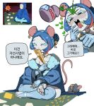  1girl absurdres ahegao animal_earrings animal_ears bbizim03 blue_gloves blue_hair blue_thighhighs blush breasts bridal_legwear buck_teeth cleavage cloak closed_eyes coin colored_skin commentary dot_nose english_commentary fan_over_face fur-trimmed_cloak fur_trim game_screenshot_inset genderswap genderswap_(mtf) glint gloves grey_skin hair_bun hand_fan heart highres holding holding_coin holding_fan jewelry korean_text loving_aura merchant_(slay_the_spire) mole mole_on_neck mouse_(animal) mouse_ears mouse_girl mouse_tail multicolored_hair multiple_views necklace nose_blush on_blanket open_mouth pink_hair potion reference_inset screenshot_inset short_hair simple_background single_bare_shoulder single_off_shoulder slay_the_spire slay_the_spire_2 smile speech_bubble splashing stirrup_legwear streaked_hair tail teeth thighhighs toeless_legwear toes translated white_background 