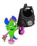 4:5 black_nose blue_body blue_ears blue_fur blue_tail dipstick_tail don't_touch_my_pizza_(meme) food fur gloves_(marking) green_body green_fur green_hair gun hair handgun head_tuft hi_res holding_food holding_gun holding_handgun holding_object holding_pistol holding_pizza holding_ranged_weapon holding_weapon kevin_(nyanwolf) leg_markings looking_at_viewer markings meme nekeithfox one_eye_half-closed paws pink_body pink_fur pink_hair pink_hair_tips pink_tail_tip pistol pizza pizza_slice pointing_gun_at_viewer ranged_weapon simple_background socks_(marking) standing tail tail_markings tuft weapon white_background white_sclera