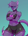 anthro big_breasts black_body black_bottomwear black_clothing black_fur black_gloves black_hair black_handwear black_nose black_shorts blue_eyes bottomwear bra breasts choker cleavage clothed clothing crossed_arms eyelashes eyeshadow felid female female_anthro fur gloves green_background hair handwear hi_res jewelry makeup mammal necklace pantherine randomgloves short_hair shorts simple_background solo sports_bra tail thick_thighs underwear wide_hips