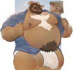  anthro bear beard belly_tuft blue_clothing blue_shirt blue_topwear brown_body brown_tuft bulge chest_tuft claws clothed clothing cowboy_hat english_text facial_hair genitals half-erect hat headgear headwear hi_res kb_kororoman looking_at_viewer male mammal musclegut muscular muscular_anthro muscular_male mustache nipples open_clothing open_shirt open_topwear opening_shirt overweight overweight_anthro overweight_male paper penis scruffy_(scruffybeast) shirt simple_background smoke solo standing text topwear tuft underwear white_tuft 