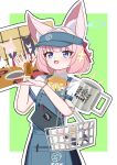  1girl animal_ear_fluff animal_ears azurefetters blue_archive blue_eyes blue_halo blush border collared_shirt commentary_request cup fox_ears fox_girl green_background halo highres mug niko_(blue_archive) pink_hair shirt short_hair short_sleeves smile solo white_border white_shirt 
