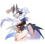  1girl bandeau black_bandeau black_horns black_wings blood blue_eyes borderless_panels breasts denim denim_shorts disembodied_hand dragon_girl dragon_horns dragon_tail dragon_wings hair_ornament hair_scrunchie highres horns kunkun_pa lactation large_breasts micro_shorts nipple_slip nipples nosebleed original pointy_ears projectile_lactation punching rolling_eyes scrunchie shorts simple_background spitting stomach_punch tail tears thigh_strap twintails white_background white_hair wings 