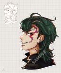  1boy eyebrow_piercing face_piercing facial_tattoo fire_emblem fire_emblem_engage green_hair griss_(fire_emblem) highres lip_piercing long_hair max_art149 piercing red_eyes short_hair smile tattoo 