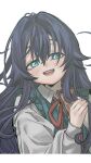 1girl :d absurdres aqua_eyes black_hair cellphone commentary dr.k_(doctorkodok) green_sweater_vest hair_between_eyes highres holding holding_phone kimi_no_koto_ga_dai_dai_dai_dai_daisuki_na_100-nin_no_kanojo light_blush long_hair long_sleeves looking_at_viewer messy_hair neck_ribbon ohananomitsu_high_school_uniform open_mouth phone red_ribbon ribbon school_uniform shirt simple_background smartphone smile solo sweater_vest upper_body white_background white_shirt wing_collar yoshimoto_shizuka 