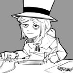  1girl a_hat_in_time cape child closed_mouth commentary computer_mouse coraline_(movie) drawing_(action) drawing_tablet english_commentary fujimna grey_background greyscale hair_tie hat hat_kid hat_ribbon holding holding_stylus jacket light_frown long_sleeves looking_at_viewer medium_hair monochrome notepad ponytail ribbon sidelocks solo stylus top_hat upper_body zipper_pull_tab 
