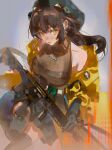  1girl absurdres beret black_dress black_gloves black_thighhighs brown_hair brown_shirt closed_mouth dress gloves green_hat grey_background gun hat heterochromia highres holding holding_gun holding_weapon jacket long_hair looking_at_viewer muyihui open_clothes open_jacket orange_eyes original shirt sidelocks simple_background single_off_shoulder sleeveless sleeveless_shirt solo thighhighs turtleneck turtleneck_shirt weapon weapon_request yellow_eyes yellow_jacket 