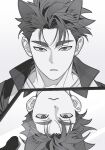  1boy animal_ears cat_boy cat_ears collared_jacket expressionless guardians_of_the_videogame it's_all_a_matter_of_angle_(meme) jacket kemonomimi_mode male_focus meme mirror monochrome open_clothes open_jacket patch_(guardians_of_the_videogame) reflection serious shirt simple_background solo spiked_hair split_image ttalgi_bab upper_body upside-down white_background white_shirt 