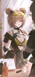  1girl bikini bodystocking brown_hair calendar_(object) choker double_bun eyewear_on_head fishnet_bodystocking fishnet_dress fishnets girls'_frontline girls'_frontline_2:_exilium green-tinted_eyewear green_bikini hair_bun heart heart_hands highres jacket lock mityl_(girls'_frontline_2) necklock official_art one_eye_closed open_mouth p90_(girls'_frontline) padlock padlocked_choker padlocked_collar red_eyes short_hair solo swimsuit tinted_eyewear 